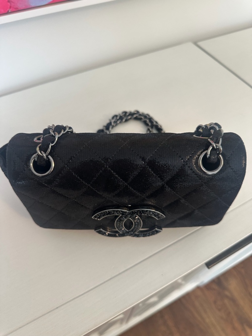 Chanel Quilted CC Crystal Black Leather Shoulder Bag with Chain Strap - Picture 13 of 16
